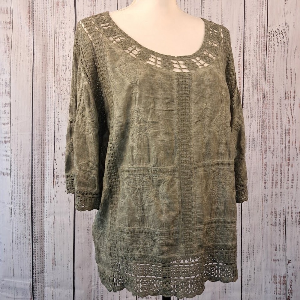 DEMOCRACY‎ S Sage Green Mineral Wash Embroidered Smock Top Boho Hippie Funky